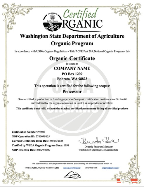 USA Washington organic certificate of company Word and PDF template